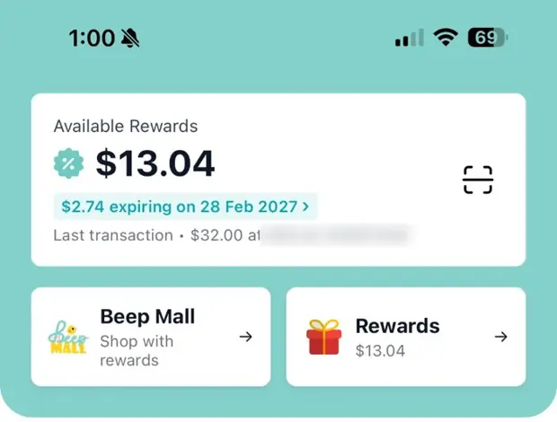 Beep app home screen showing available rewards to spend