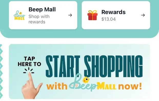 Beep app showing the Beep Mall button and a Start shopping with Beep Mall banner