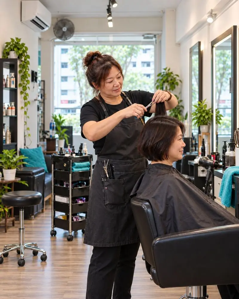 A stylist cutting a customer's hair