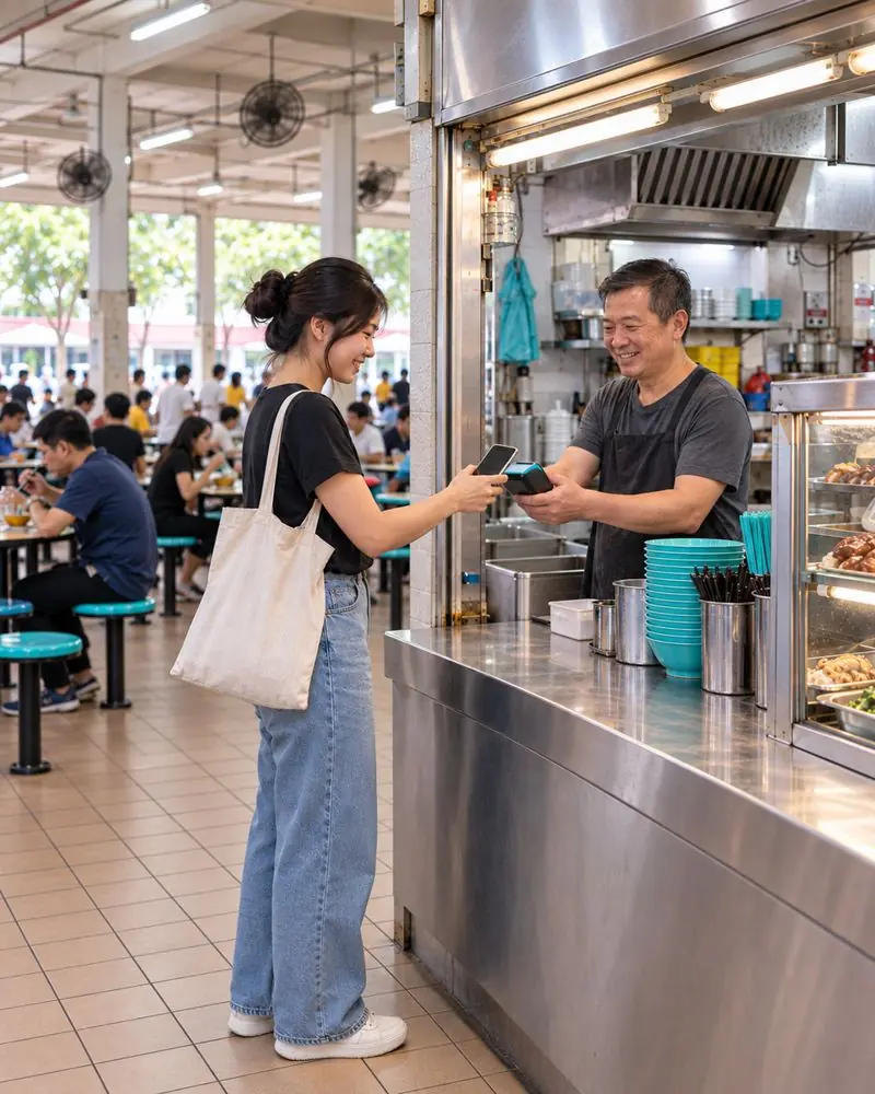 A customer paying at a hawker stall