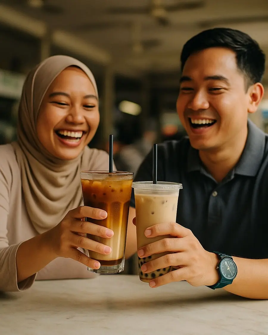Two friends clinking iced drinks at a cafe
