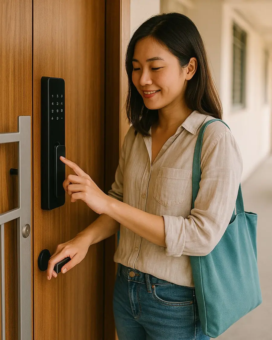 A resident using the keypad of a digital door lock