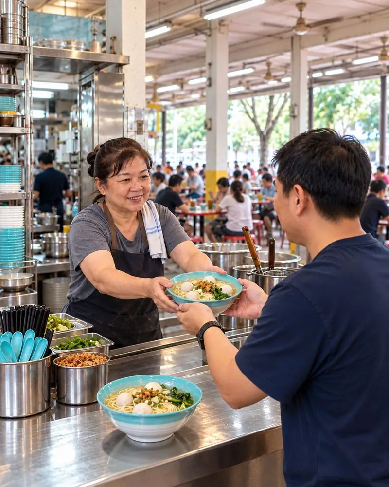 A hawker hands a bowl of noodles to a customer