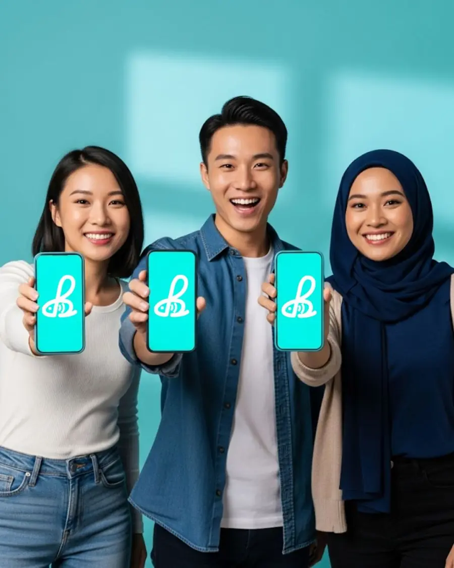 Three people smiling and holding up phones with the Beep app